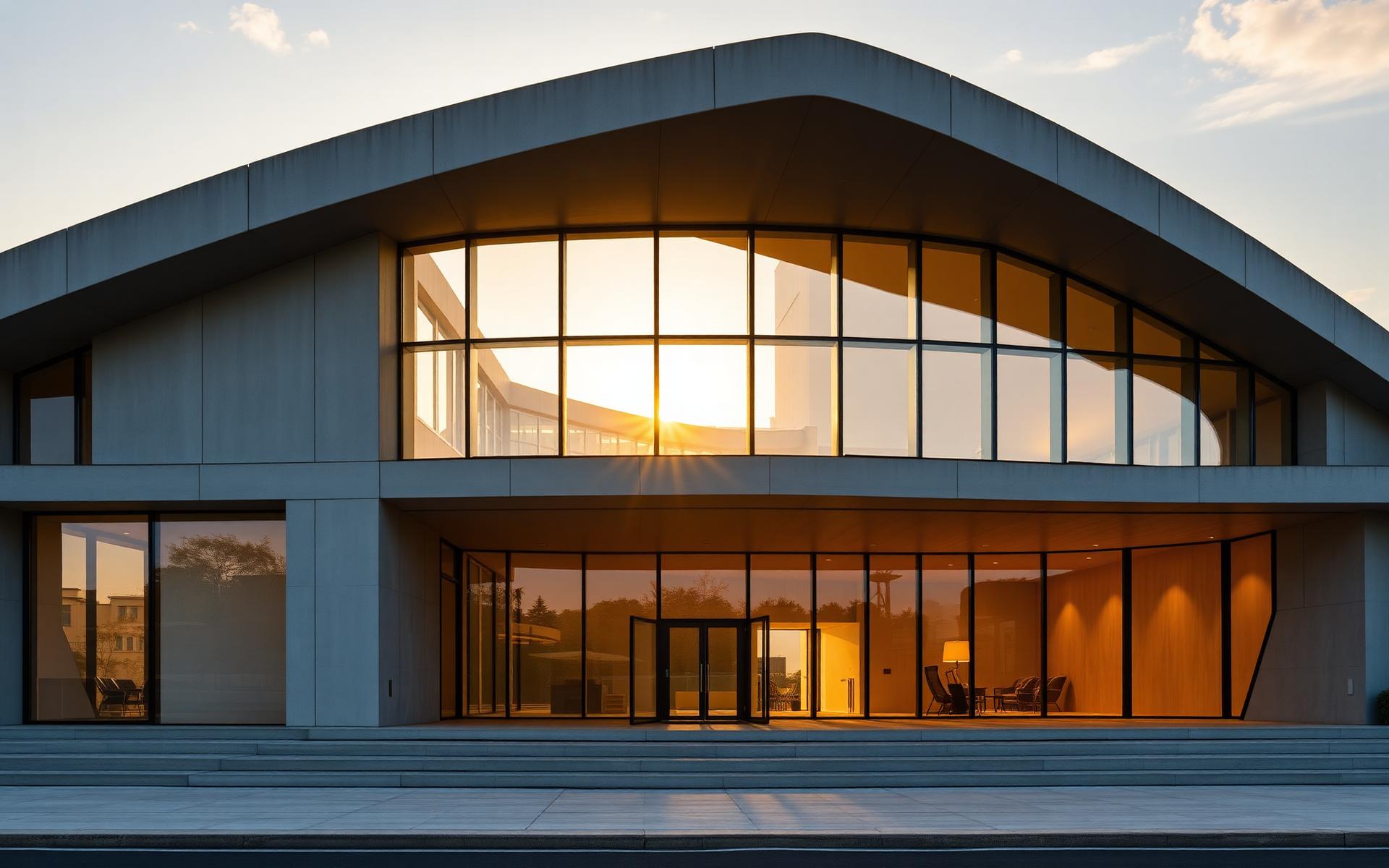 Moderní architektonická budova při západu slunce