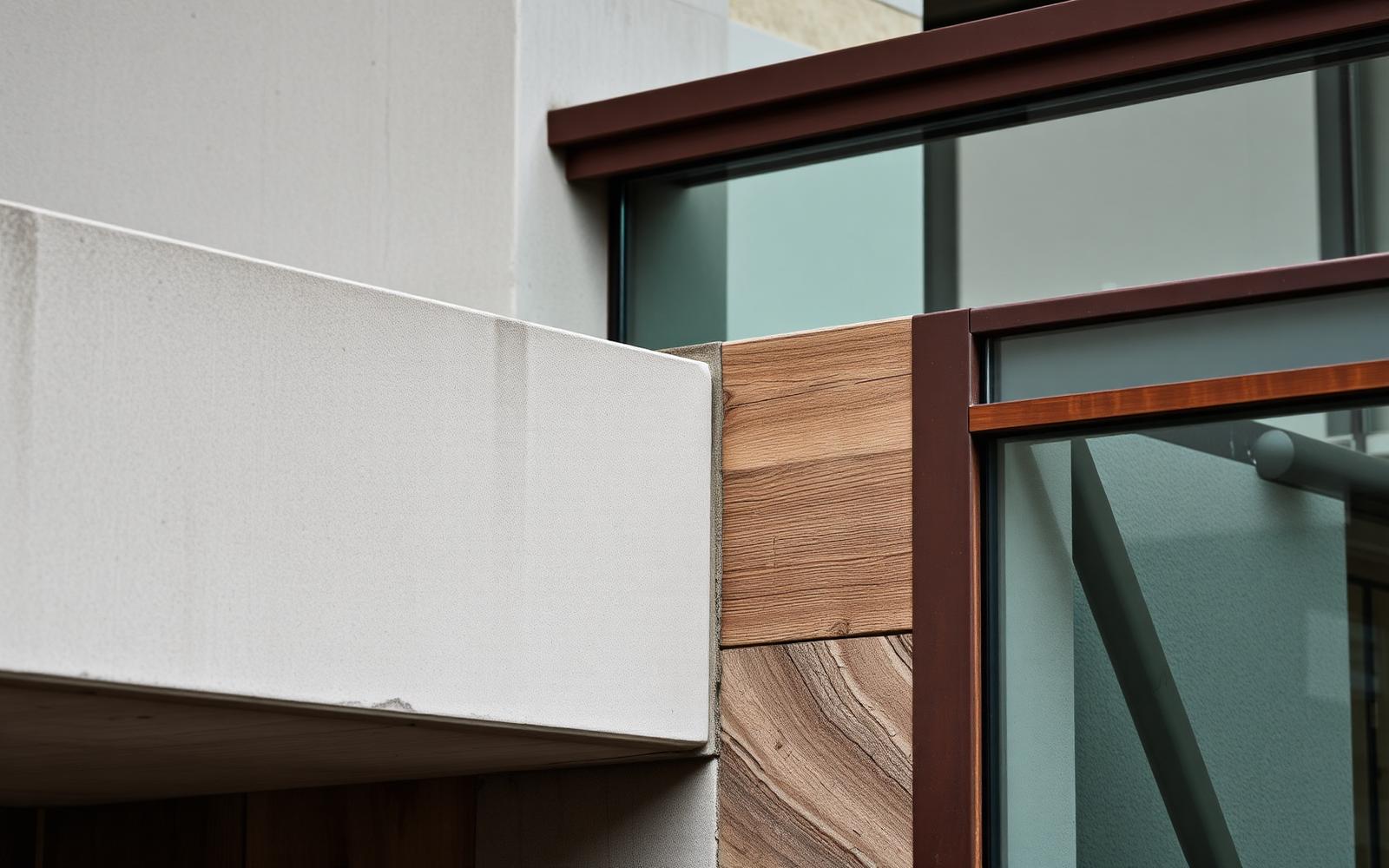 Detail spojení materiálů dřeva, betonu a skla